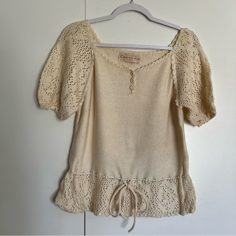 Vintage Oscar de la Renta Knit Cream Short Sleeve Sweater Top size 12